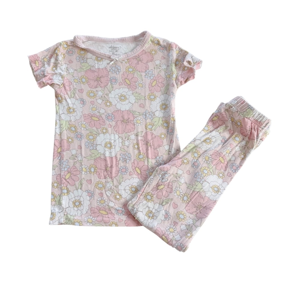 Milkberry Pajama Set Toddler 5T Pink Floral Bamboo Rayon Short Sleeve Retro PJs